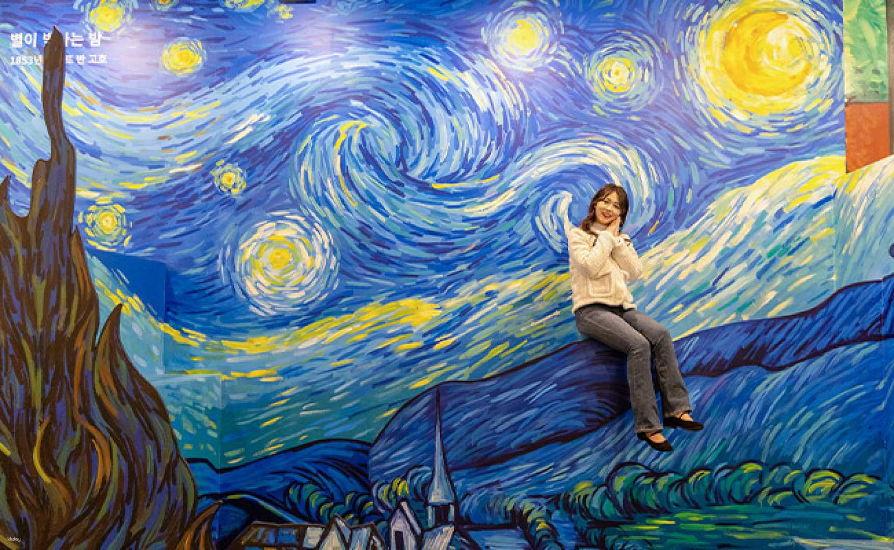 Step into a realm where Van Gogh's artistry comes alive capturing joyful moments with loved ones amidst stunning digital recreations of his masterpieces in Jeju.